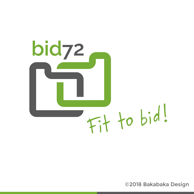 het logo van bid72: twee gestileerde gespiegelde vormen, één groen, één grijs, die biedkaarten voorstellen en te lezen zijn als het woord 'bid'