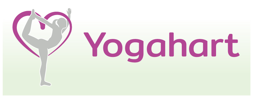 logo van Yogahart, een grijs vrouwensilhouet in natarajasana positie met een paars hart om haar heen gevlochten op een groene achtergrond