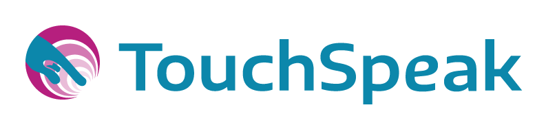 logo met de tekst 'TouchSpeak', een symbool van een blauwe vinger die een paarse geluidsgolf veroorzaakt