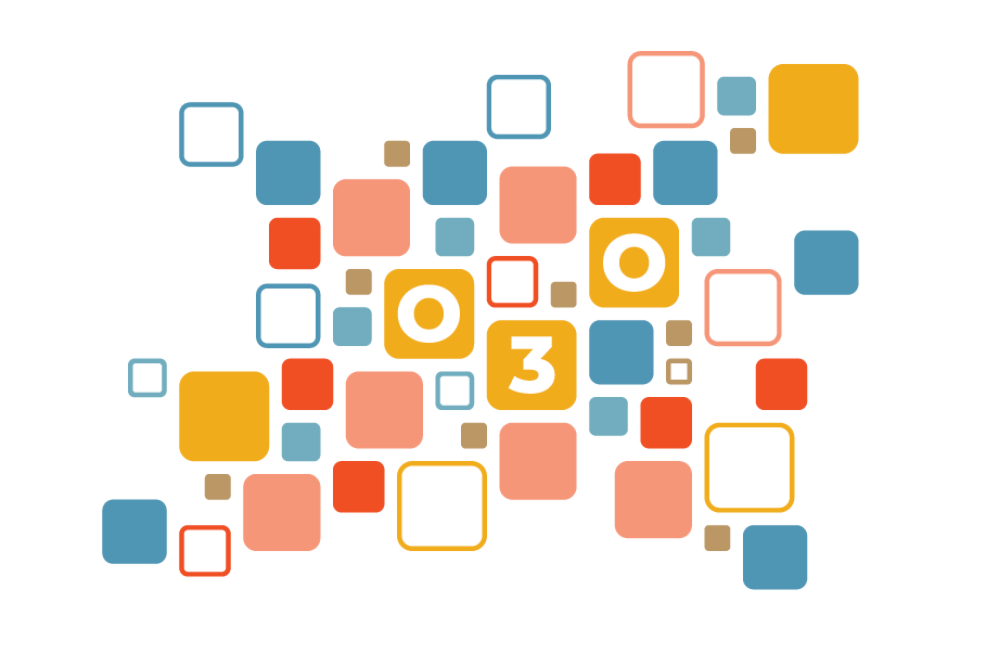 Een logo bestaand uit een verzameling van 50 afgeronde vierkanten in verschillende schakeringen van rood, blauw, oranje en bruin. De vierkanten zijn zo verschillend als mogelijk in grootte, kleur en hol dan wel gevuld. Drie vierkanten hebben de cijfers 0, 3 en 0.
