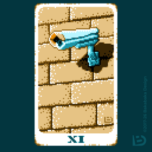 Een pixelillustratie van een beveligingscamera die is opgehangen aan een zandkleurige bakstenen muur. De zon verlicht de camera scherp, waardoor deze een donkere schaduw werpt op de muur.