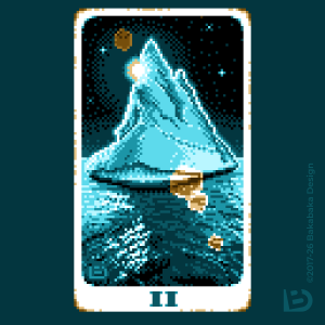 a pixel image of an iceberg on a calm, rippled sea, during the night. The moon is only half behind the iceberg's summit, giving the iceberg a light halo and bating the sea in a mystical light.
