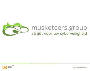 Een logo voor een IT security bedrijf. Het beeld is een witte musketiershoed in groene lijnen, met een felgroene pluim bovenop. Daarnaast de tekst 'musketeers.group, strijdt voor uw cyberveiligheid'.